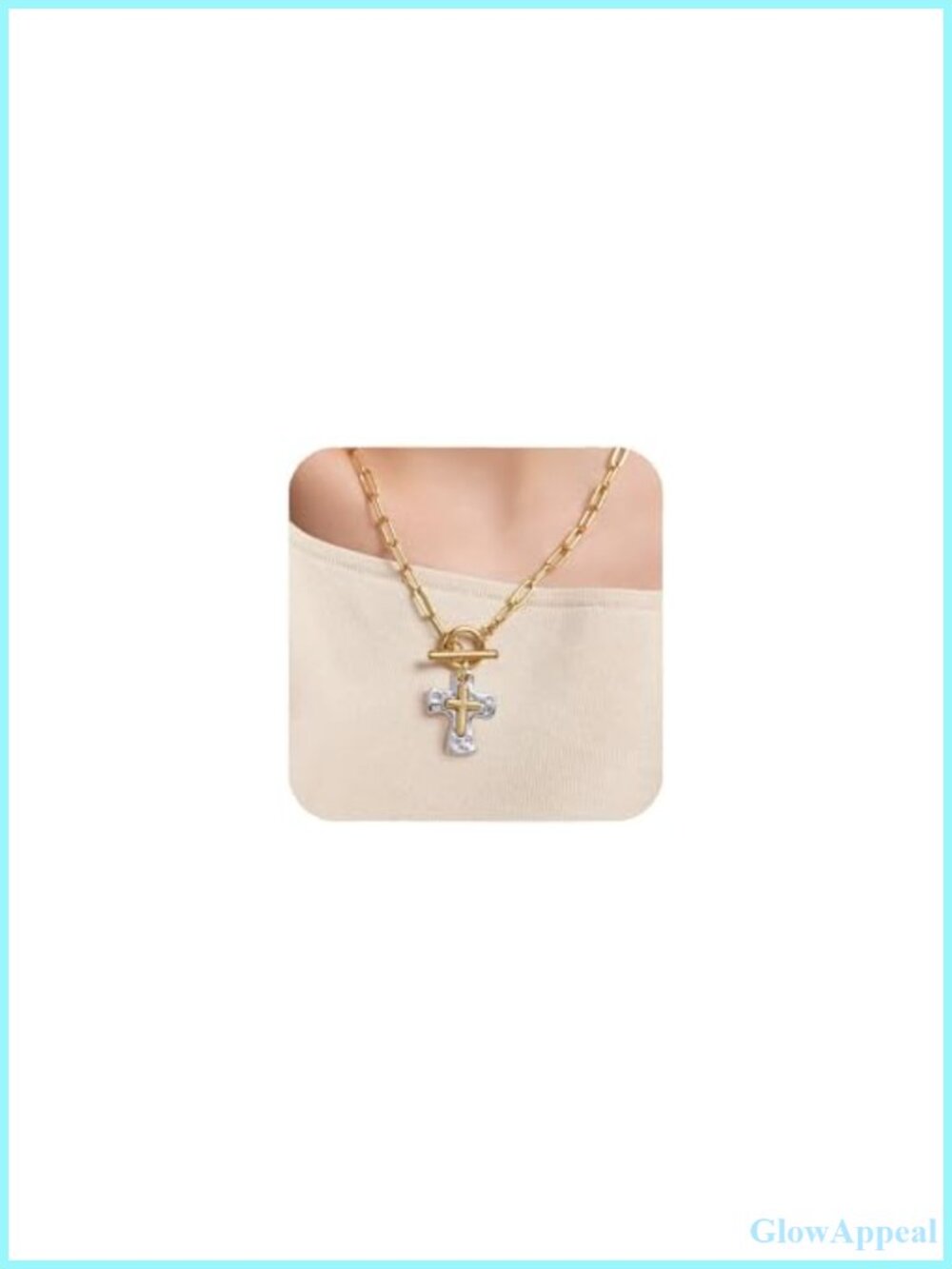 Chunky Hammered Cross Pendant Necklace Two-Tone Adjustable 18-20"